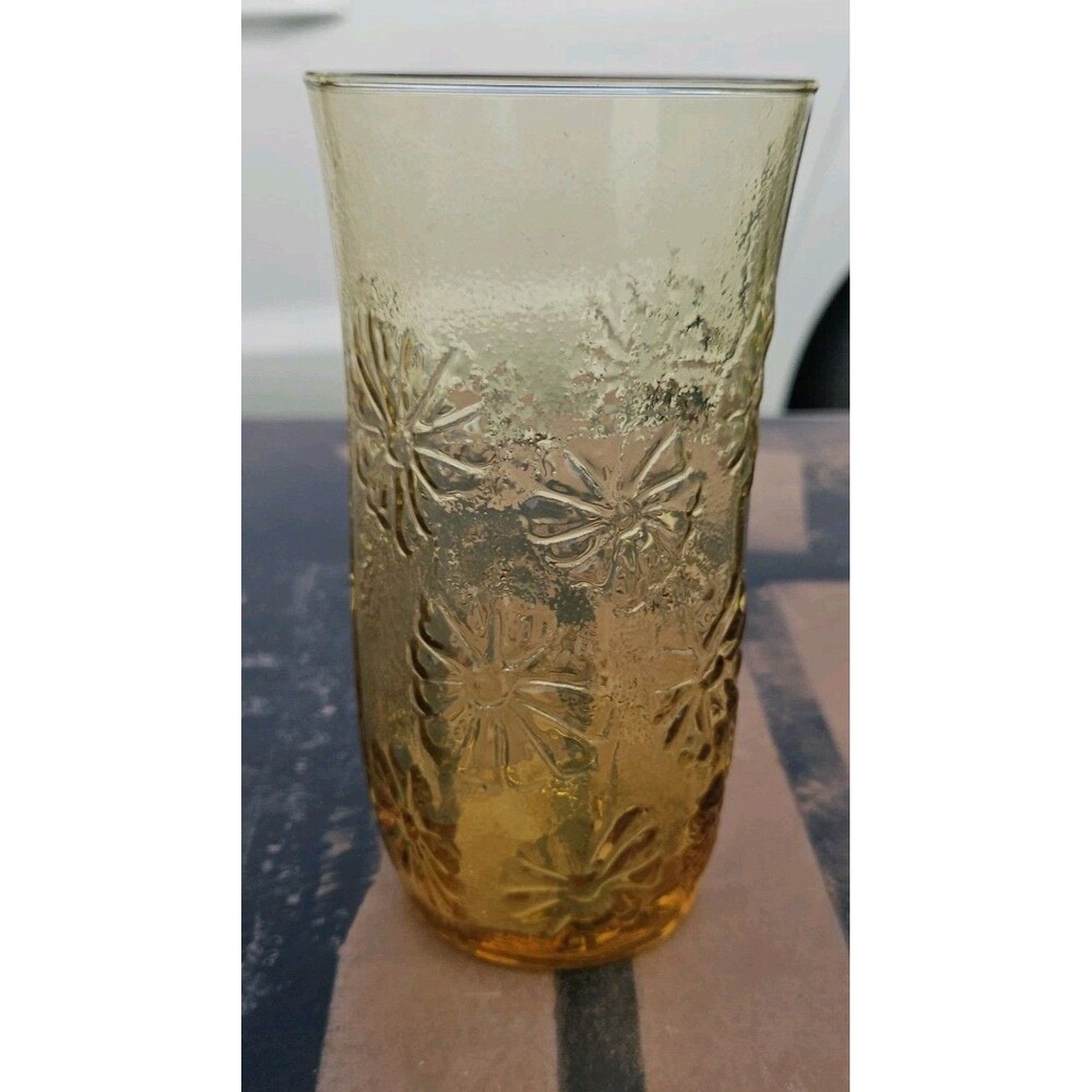 Vintage Anchor Hocking Amber Floral Glass Vase Tumbler Daisy Pattern Retro 70s - Picture 3 of 5